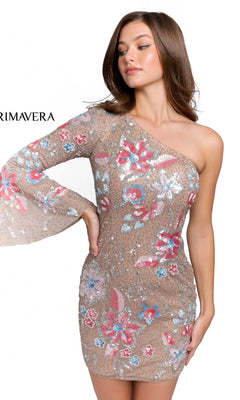 A woman wears the One-Sleeve Short Beaded Floral Party Dress 3810 in nude, featuring pink, blue, and white floral beading that adds shimmering elegance to her party ensemble.