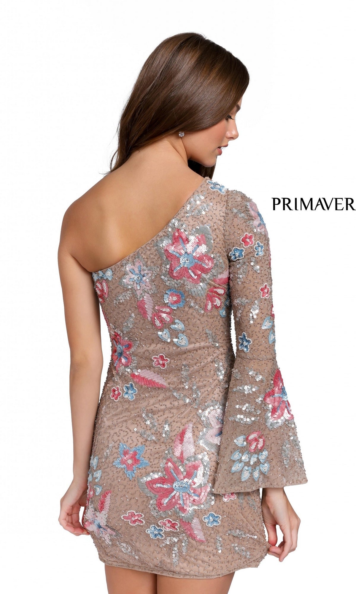 A woman faces away from the camera wearing the One-Sleeve Short Beaded Floral Party Dress 3810, featuring a fitted silhouette, vibrant floral beading, and a flared sleeve. 