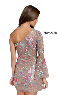 A woman faces away from the camera wearing the One-Sleeve Short Beaded Floral Party Dress 3810, featuring a fitted silhouette, vibrant floral beading, and a flared sleeve. "PRIMAVER" is displayed on the side.