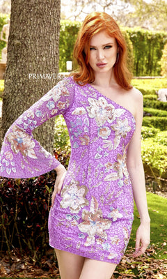 A red-haired woman stands outdoors in a lush garden, wearing the One-Sleeve Short Beaded Floral Party Dress 3810 with purple floral beading and a flared sleeve.