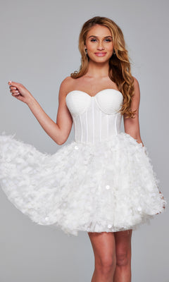 Woman models the Jovani Strapless Short White Hoco Dress 38248, featuring a fitted bodice and textured flared skirt—an elegant choice for homecoming, shown against a simple gray background.