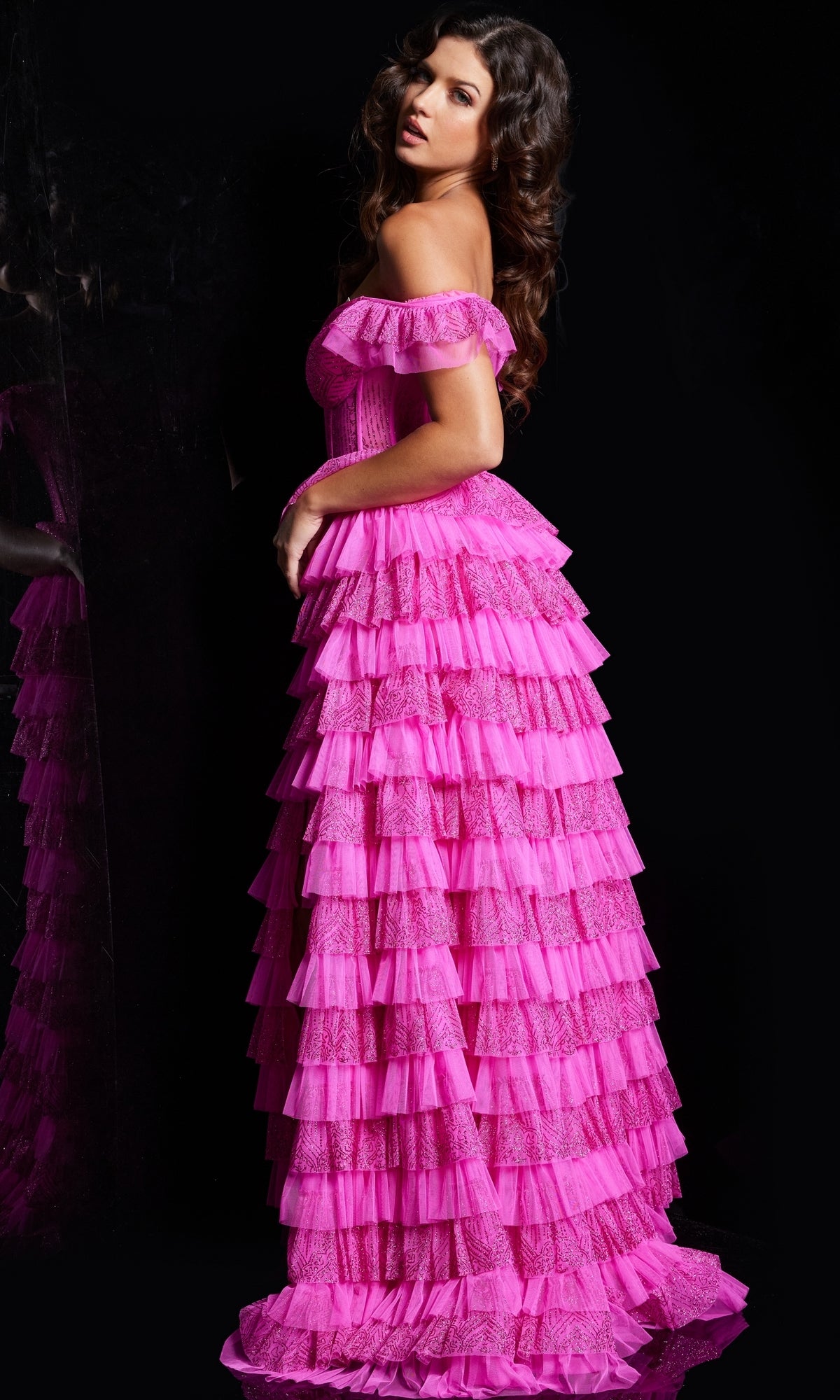 strapless open back dress Off-The-Shoulder Long Glitter Prom Dress with Ruffles Hot Pink / 6