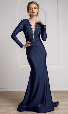 A woman models the Long-Sleeve Plunging V-Neck Long Formal Dress 382, a floor-length navy gown with lace detailing, standing against a plain, light background.