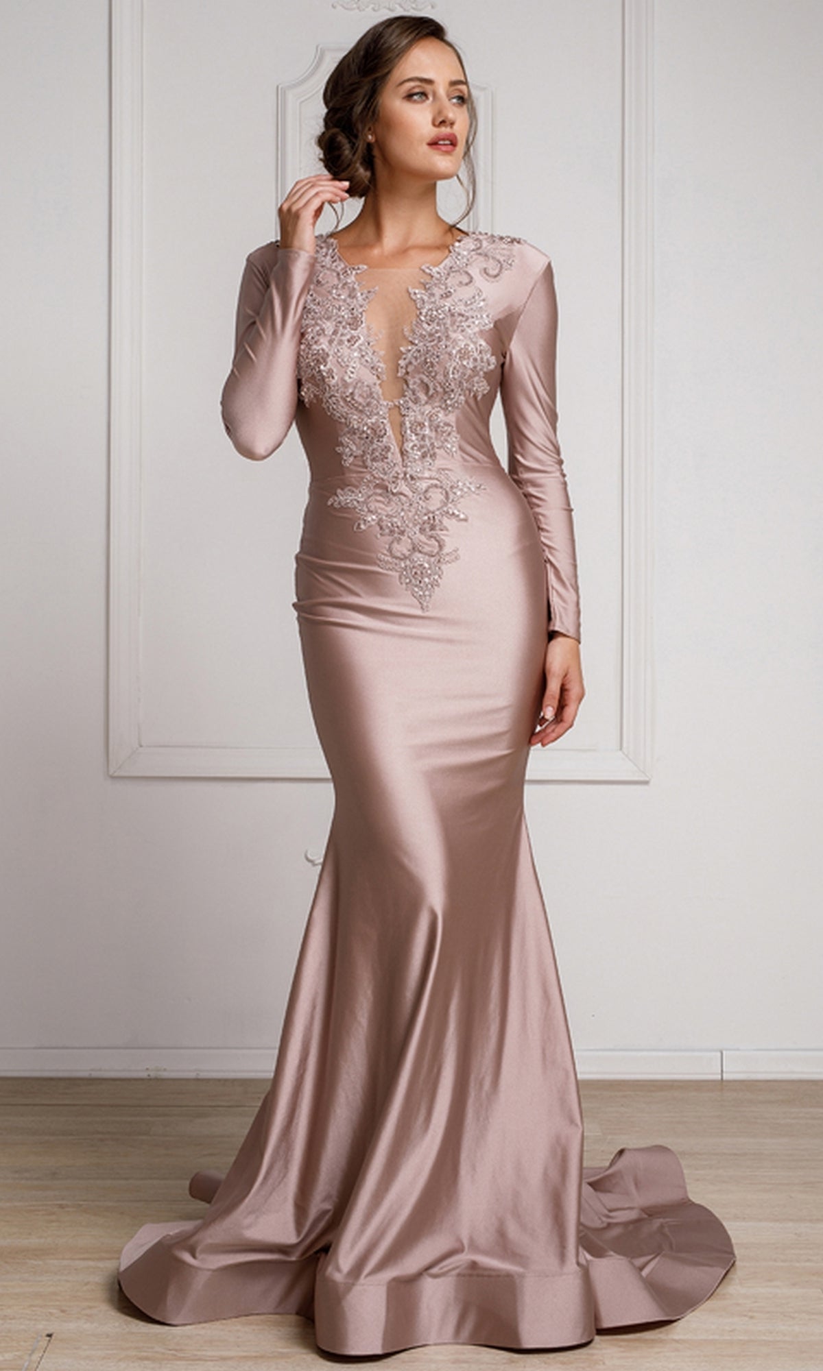 Plunging V-Neck Long Sleeve Formal Dress