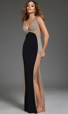 A woman poses against a gray background wearing the Sheer-Side Long Formal Dress (Jovani 38307), featuring a black center panel, nude mesh sides with rhinestones, beaded illusion details, and a corset bodice.