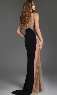 A woman with long, wavy hair models the Sheer-Side Long Formal Dress: Jovani 38307, a sleeveless, floor-length gown with beaded sheer illusion panels on the back and sides, standing against a plain gray background.
