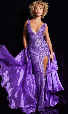 Against a black background, a person wears the Jovani Ruffled Long Sequin-Print Prom Dress 38336—a sleeveless formal gown with a deep v-neck, high slit, purple sequin print, and flowing ruffled fabric.