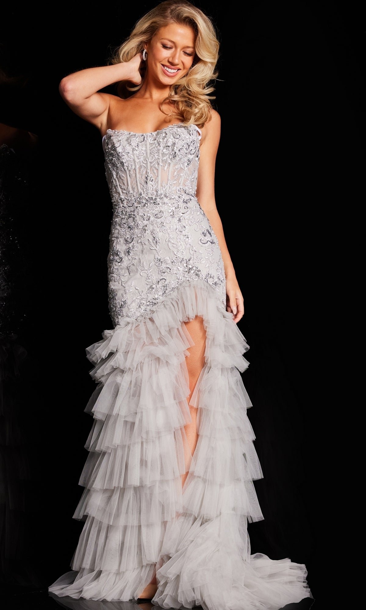 Jovani Long Silver Ruffled Prom Dress 38489