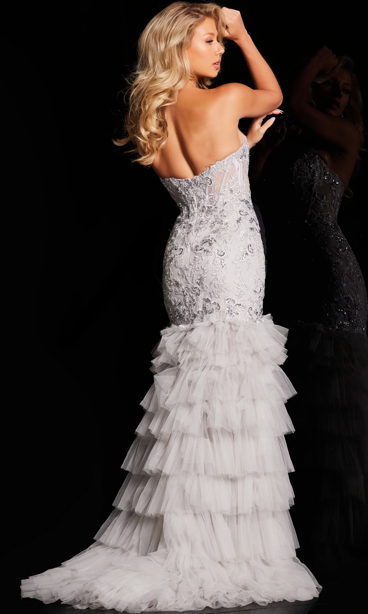 Jovani Long Silver Ruffled Prom Dress 38489