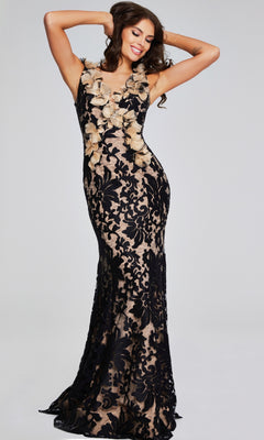 A woman models the Jovani 38497 Long Black & Nude Formal Dress, a floor-length sleeveless gown with a black floral lace overlay, beige underlay, and striking 3D flower accents at the neckline.