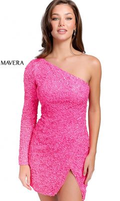 A woman stands against a plain white background, wearing the Faux-Wrap Beaded One-Sleeve Mini Party Dress 3860 in bright pink featuring an asymmetrical neckline and hem.