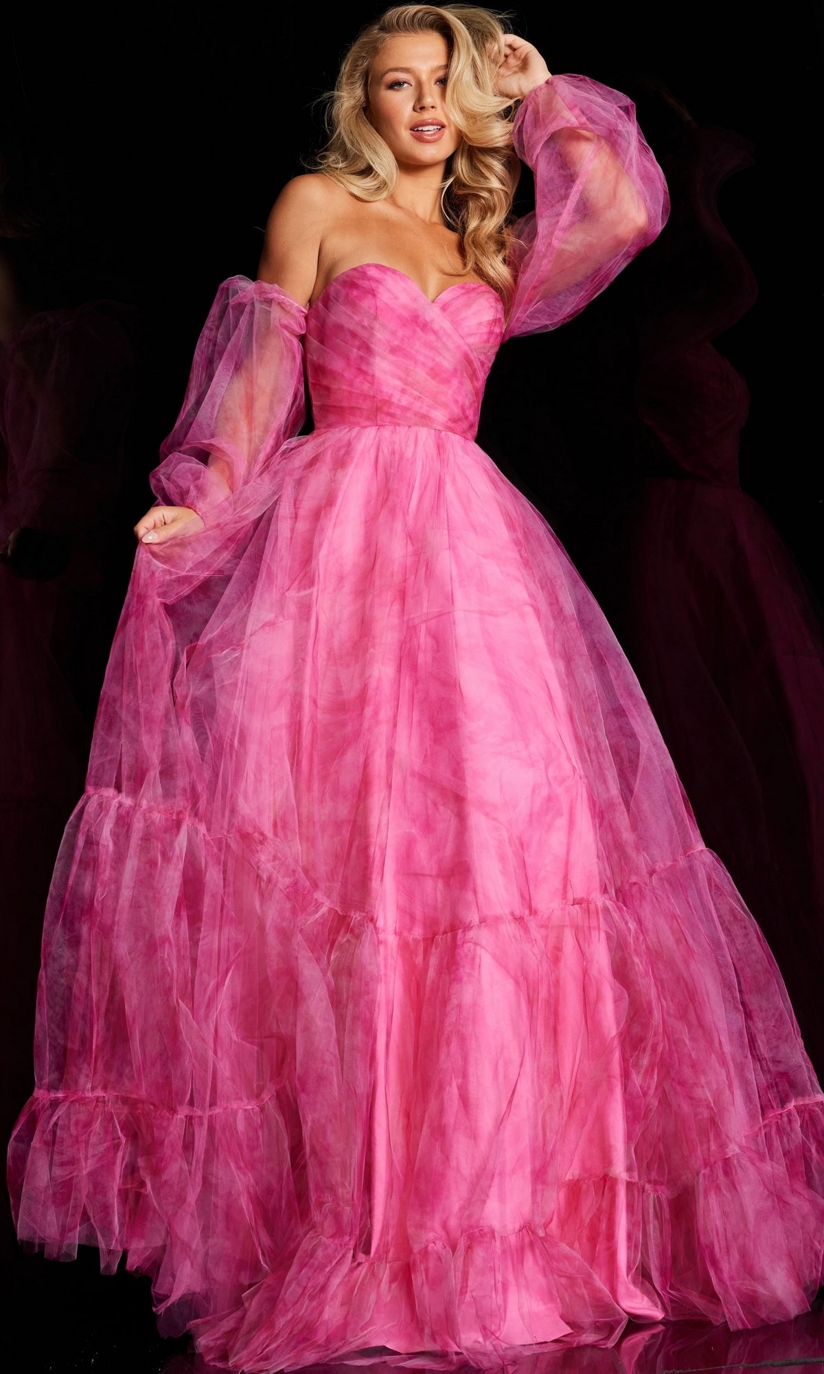 Off-Shoulder Long Pink Formal Dress with Sleeves