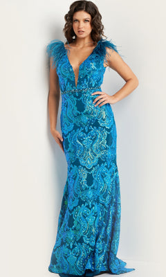 A woman poses in the Jovani Long Sequin Prom Dress 38758, a sleeveless blue floor-length gown with a deep V-neckline, feathered shoulder accents, and shimmering intricate patterns.