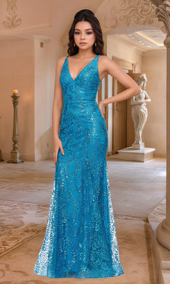 Jocelyn Long Glitter Mesh V-Neck Dress - Aqua / 1 Jocelyn Long Glitter Mesh V-Neck Dress - Aqua / 1