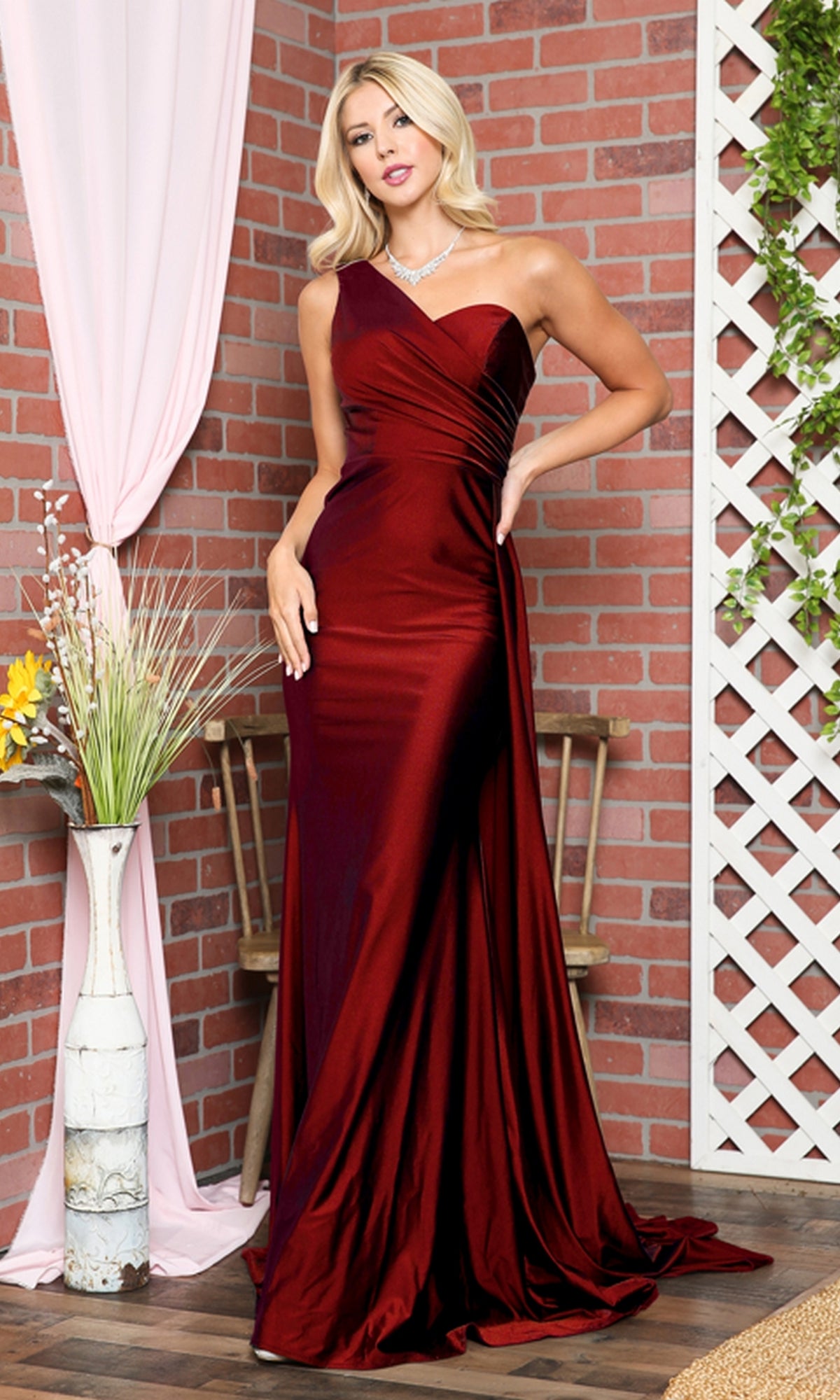 One-Shoulder Long Prom Dress with Side Cape - PromGirl Burgundy / 2 One-Shoulder Long Prom Dress with Side Cape - PromGirl Burgundy / 2