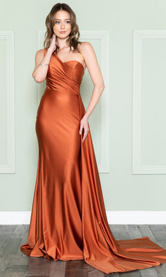A woman stands indoors in the Side-Cape One-Shoulder Long Prom Dress 387, featuring a one-shoulder design and side cape, with classic elegance reminiscent of old Hollywood style.