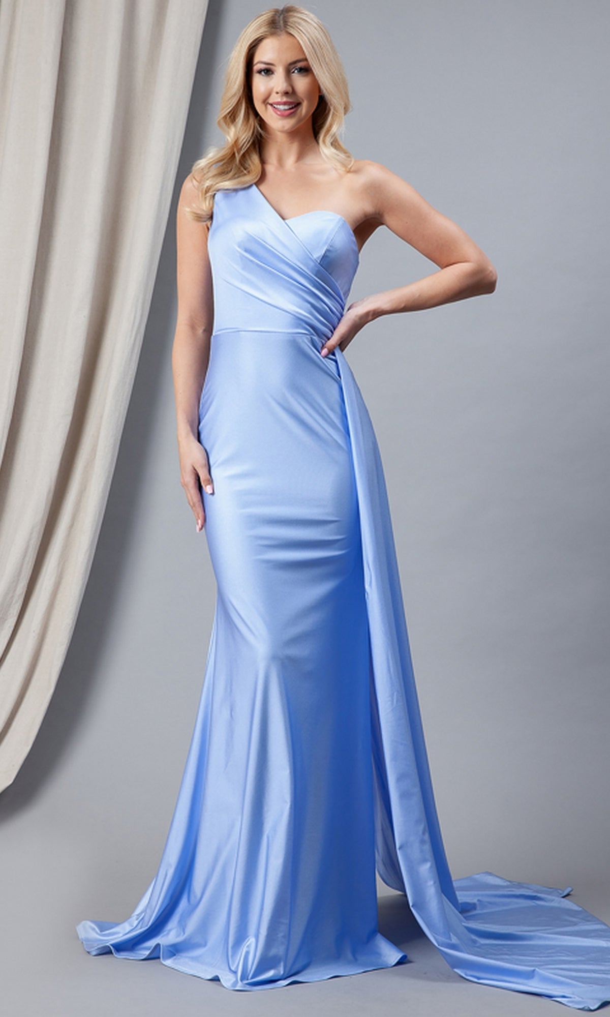 One-Shoulder Long Prom Dress with Side Cape