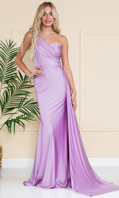 A woman in the Side-Cape One-Shoulder Long Prom Dress 387 stands indoors beside a green potted plant against a neutral wall.