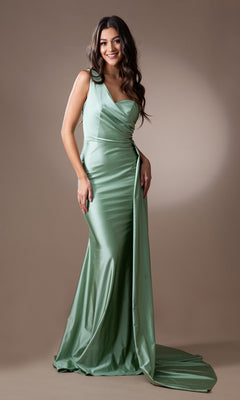 A woman wears the Side-Cape One-Shoulder Long Prom Dress 387, a sleeveless, floor-length light green satin gown with draped detail, standing against a plain background.