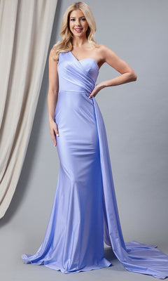 A woman stands before a neutral backdrop, channeling old Hollywood elegance in the Side-Cape One-Shoulder Long Prom Dress 387—floor-length, light purple, with a draped bodice and long train.