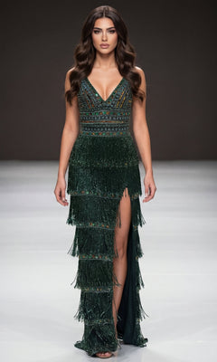 A woman wears a sleeveless dark green Jovani 38846 Beaded-Fringe Long Prom Dress featuring a V-neckline, an embellished bodice, and multiple tiers of beaded fringe with a high side slit.
