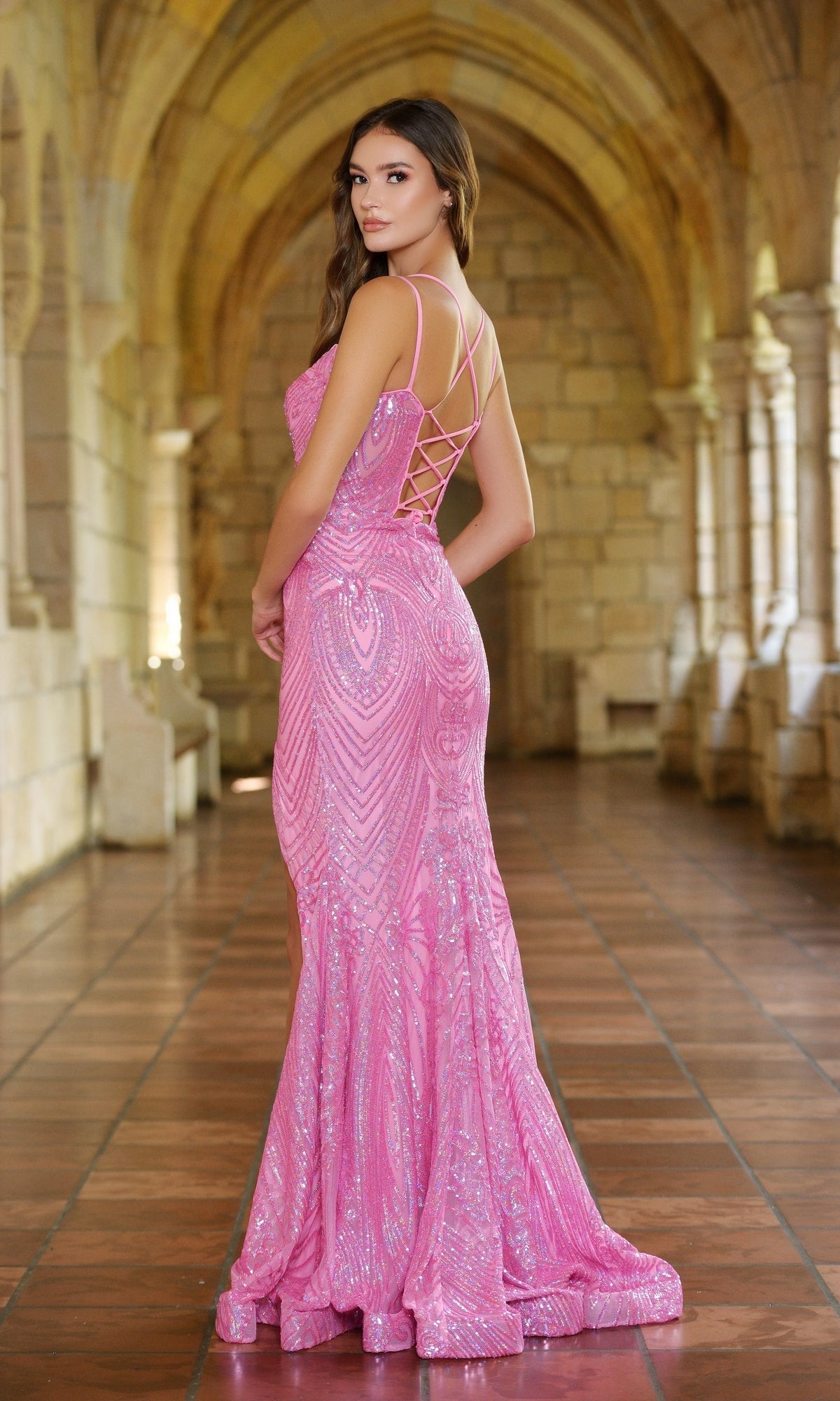 Strappy Bright Pink Long Sequin Formal Dress 38850