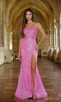 Strappy Bright Pink Long Sequin Formal Dress 38850