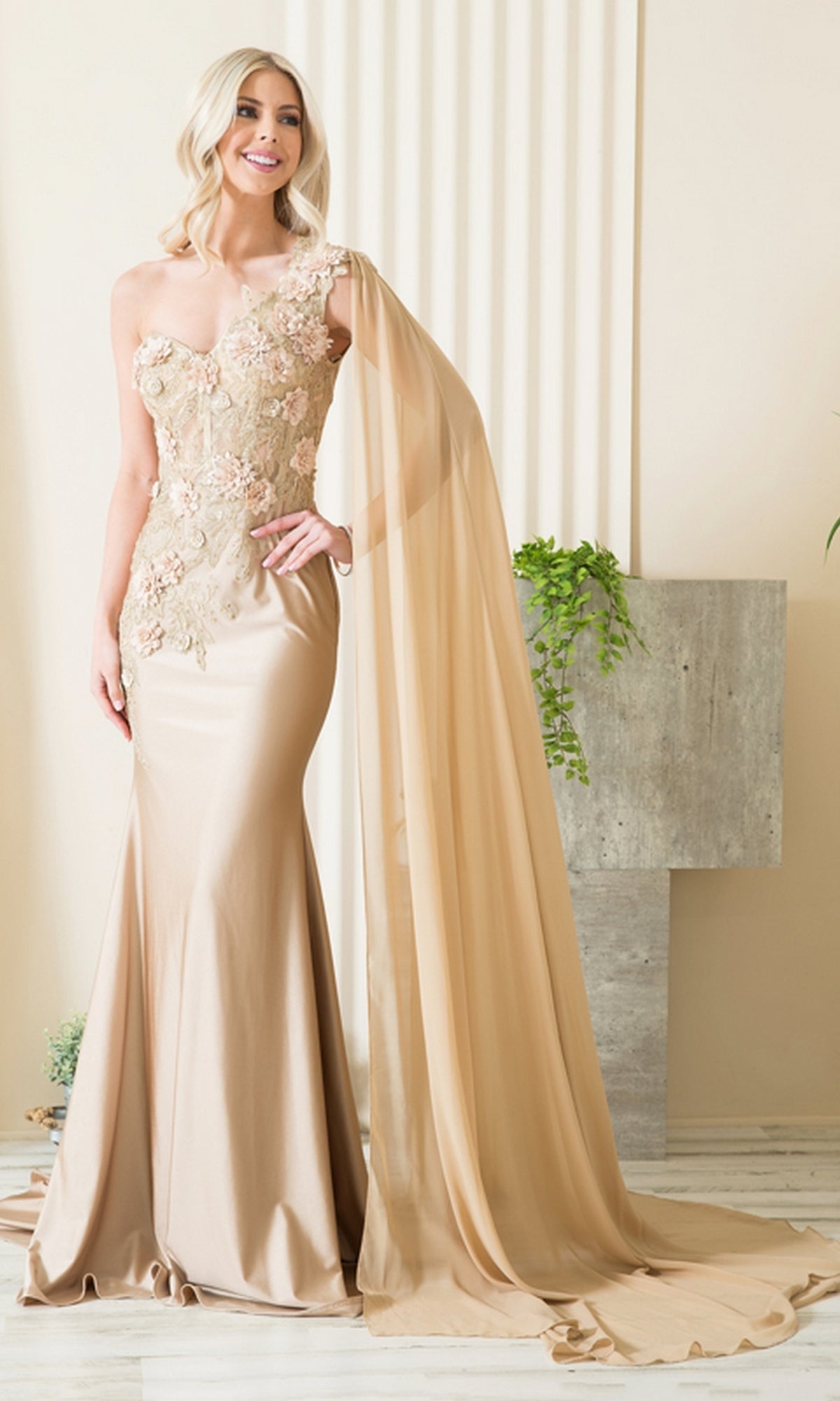 One-Shoulder Long Formal Dress with Cape 388