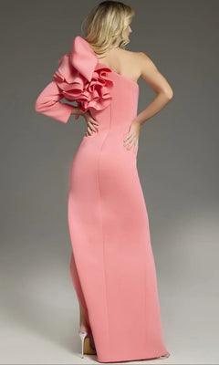 Woman in the Jovani 38928 long formal dress, a designer one-shoulder gown featuring a floor-length silhouette and ruffled sleeve detail, standing and facing away in high heels.