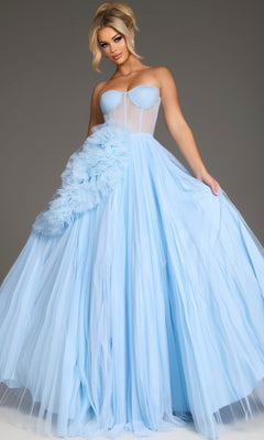 A woman models the Jovani 38946 Long Prom Dress in pale blue, a strapless tulle ballgown with a sheer corset bodice, voluminous skirt, and subtle floral ruffle accents, standing against a plain gray background.