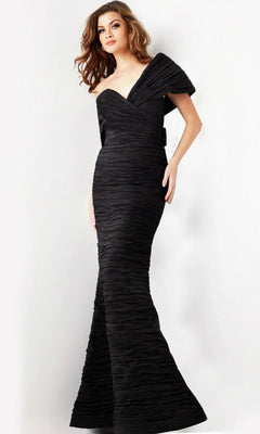 A woman wearing the Jovani 38954 Long Formal Dress, an off-shoulder evening gown with textured fabric and a form-fitting silhouette that accentuates her figure, stands against a white background.