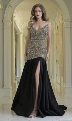 A woman stands in a hallway wearing the Long Prom Dress: Colors Dress 3898, featuring a sleeveless beaded bodice with a plunging neckline and sequin details, plus a high slit in the satin black A-line skirt.