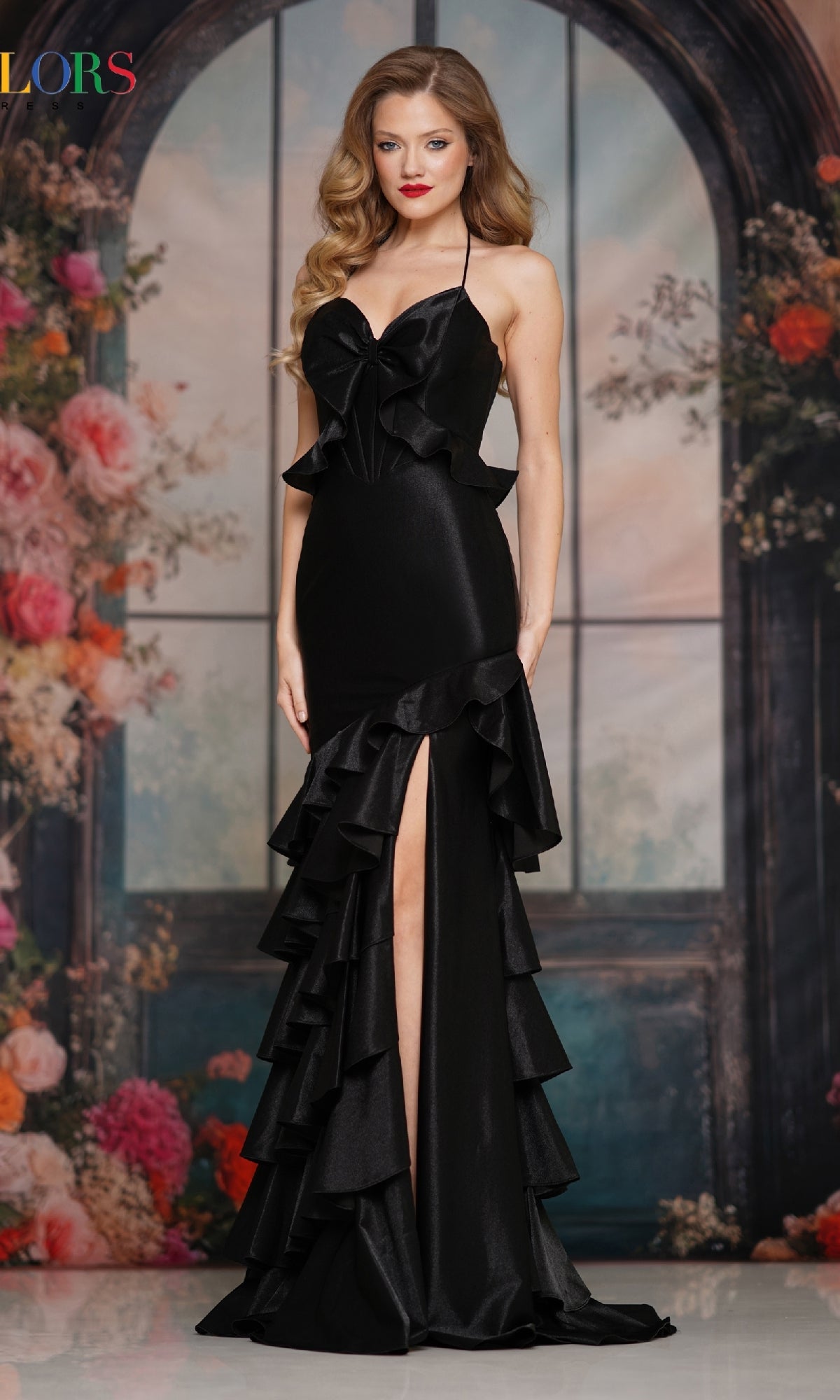 Long Ruffled Satin Prom Dress with Sheer Back Black / 12
