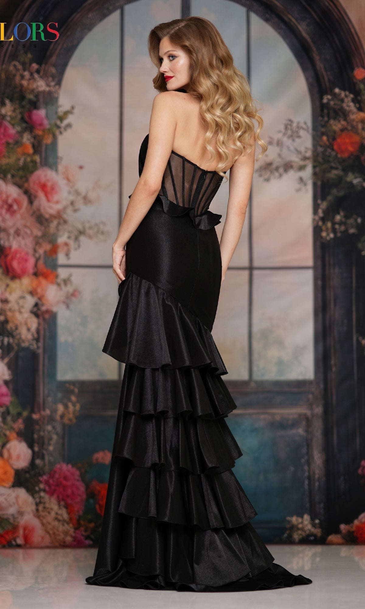 black satin ruffle dress Long Ruffled Satin Prom Dress with Sheer Back Hot Pink / 0
