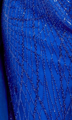 Close-up of royal blue fabric adorned with glittering diagonal and vertical sequin lines creating a striking geometric pattern, perfect for the Long Formal Dress: Jovani 39029 or any elegant sequin formal gown.