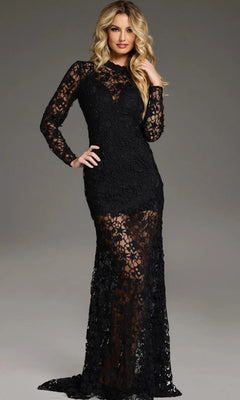 A person wearing the Jovani 39034 long formal dress in black—a fitted, sheer lace evening gown with elegant long sleeves—stands against a plain background. Delicate beaded lace embroidery enhances the sophistication of this striking gown.