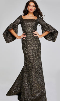 A woman poses against a plain light background in the Jovani 39080 long formal dress—featuring a fitted, metallic-textured mermaid silhouette, wide flared sleeves, square neckline, and floor-length hem.