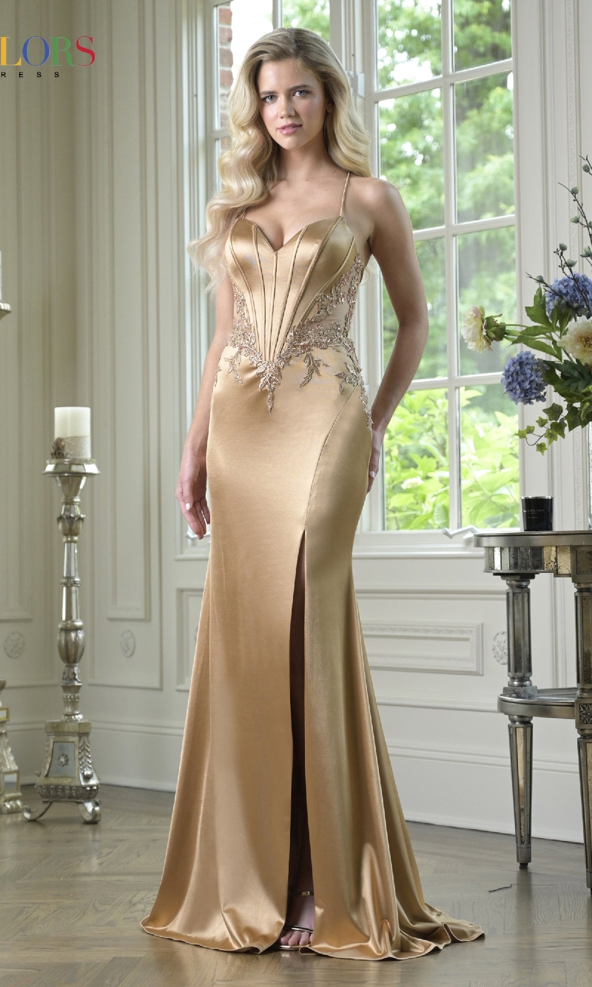 Sheer-Corset Long Satin Prom Dress with Strappy Back– PromGirl