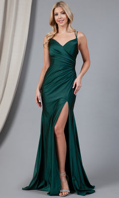 A woman poses on a gray backdrop wearing the Faux-Wrap Long Formal Prom Dress 391 in dark green, featuring a sweetheart neckline, sleeveless design, and high slit—an affordable evening gown perfect for any special occasion.