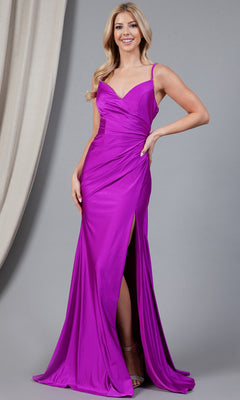 Woman wearing the Faux-Wrap Long Formal Prom Dress 391 in vibrant purple, featuring a thigh-high slit, fitted bodice, and thin straps—an affordable option for special occasions.