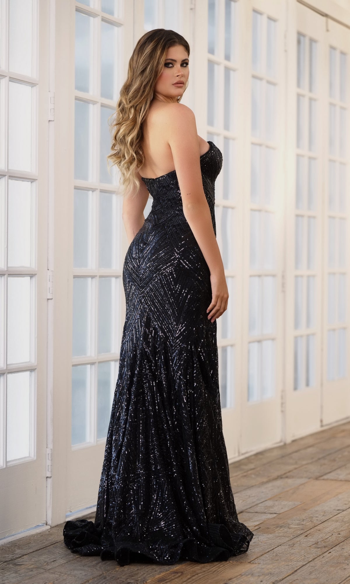 Simple Strapless Long Sequin Prom Dress 39225