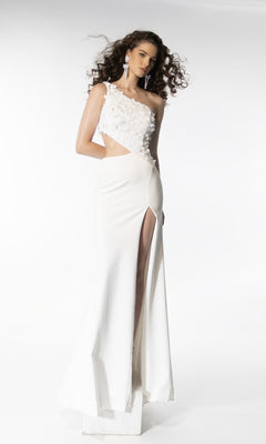 A woman models the Ava Presley 39247, a white one-shoulder long prom dress with floral embellishments, a thigh-high slit, and side cut-out, against a plain white background.