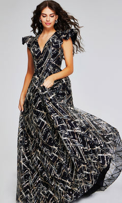 Woman in the Jovani 39274 long formal dress, featuring black and gold metallic geometric patterns and ruffled cap sleeves, stands against a plain background.