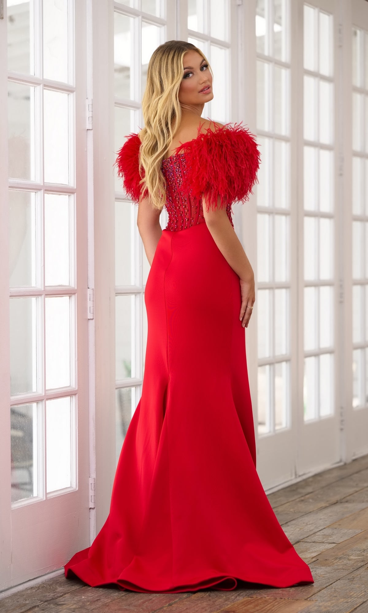 Feather-Sleeve Long Prom Dress: Ava Presley 39279