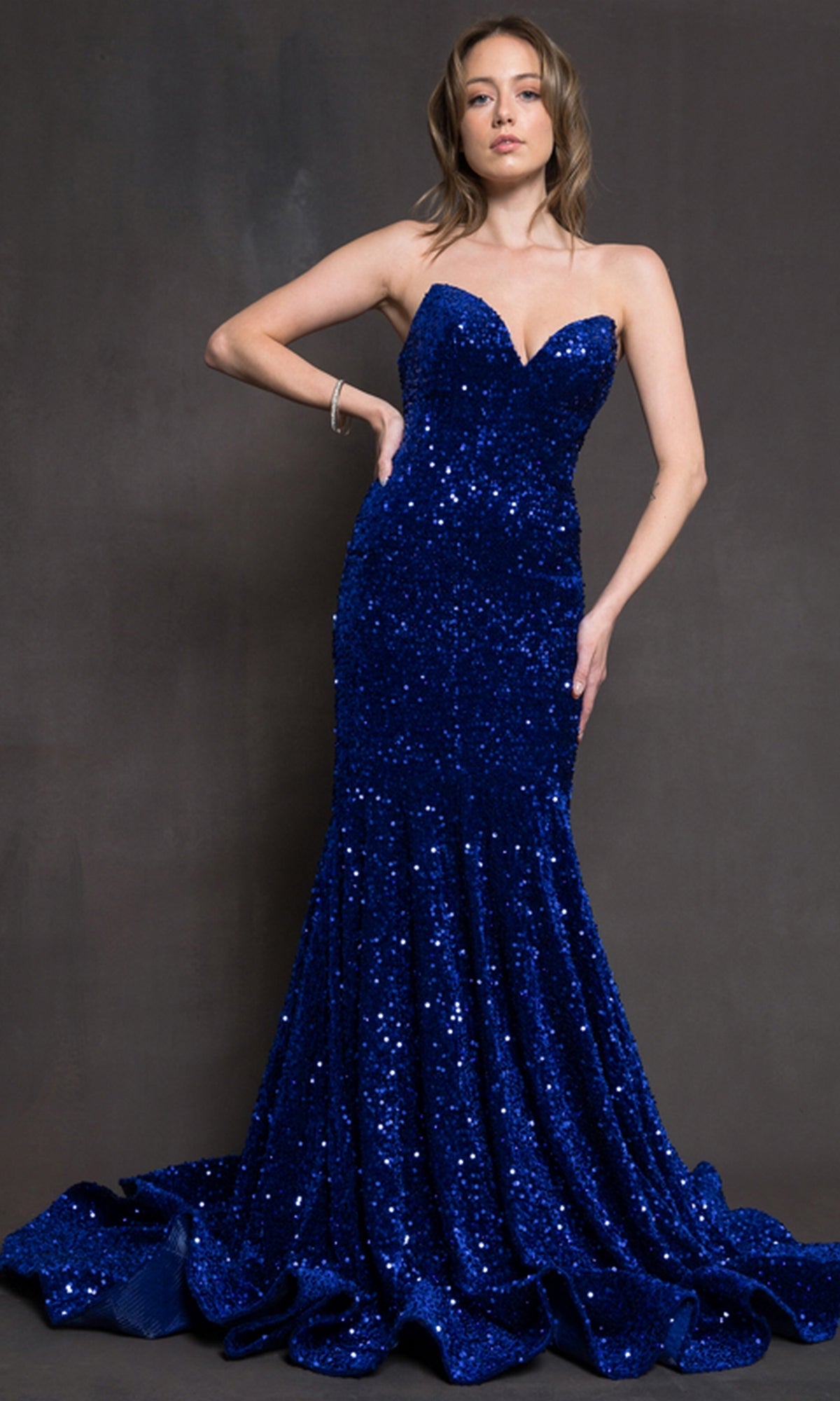 Sequin-Velvet Strapless Long Prom Dress 392