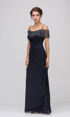 A woman poses against a plain background in the Off-Shoulder Draped Long Formal Dress: Eureka 3937, a navy blue chiffon gown with beaded embellishments on the bodice and sleeves—an elegant choice for evening events.