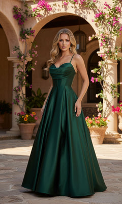 A woman stands outdoors in a courtyard wearing the Blondie Nites 3946BN long A-line prom dress, a dark green satin gown with a corset-style waist, surrounded by stone arches and flowering plants.