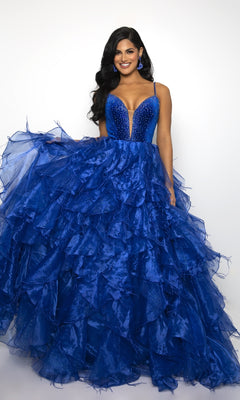 Long Ruffled A-Line Prom Dress with Feathers. Royal / 10