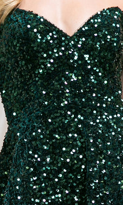 Close-up of the Short Sequin Strapless A-Line Prom Dress 395S in dark green, featuring a shimmering sequin bodice and flattering waist—an elegant pick for your next event.