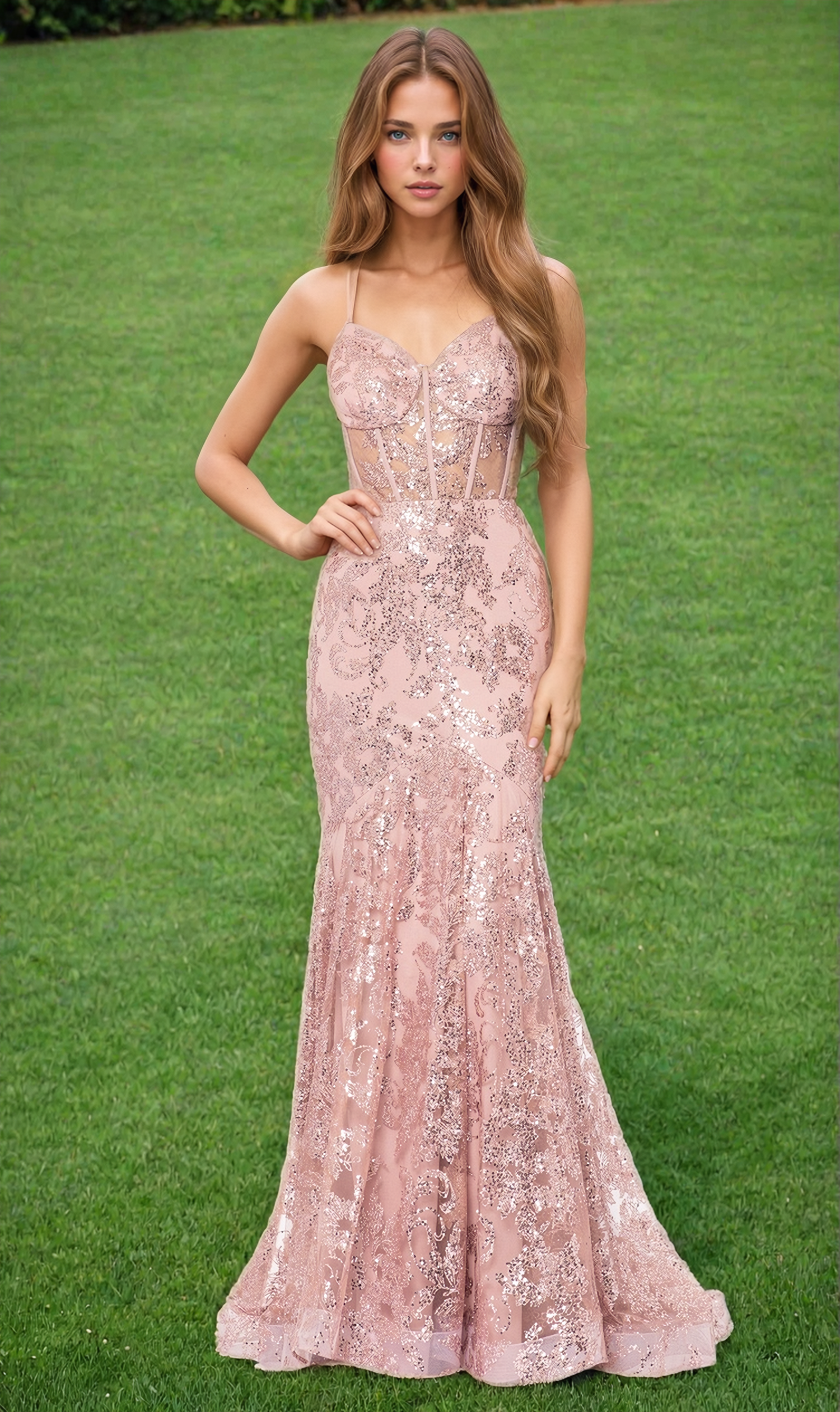 Woman standing on grass wearing the Blondie Nites 3960BN Long Glitter Prom Dress in rose—a fitted, sequin evening gown with spaghetti straps and a sheer bodice.